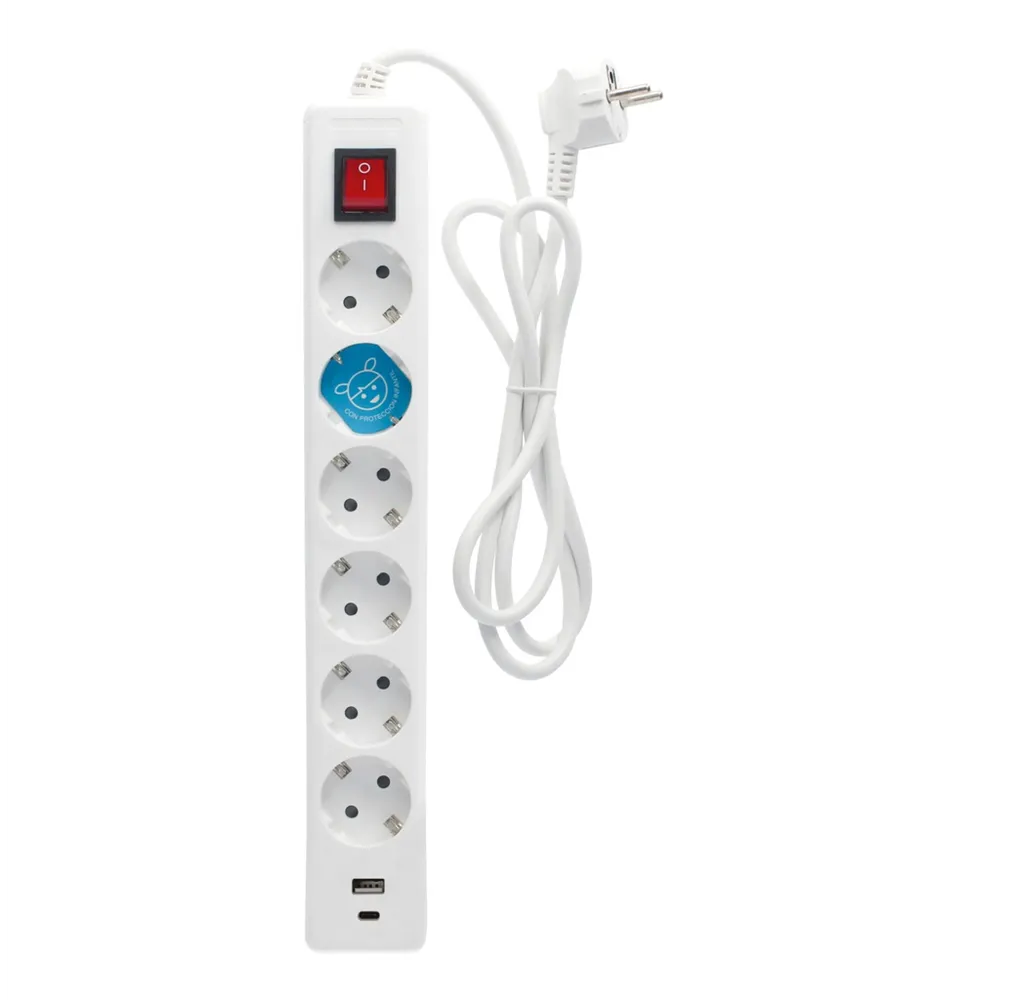 Base múltiple 6T + USB C + A con interruptor (3x1.5mm) 1,4M Blanca