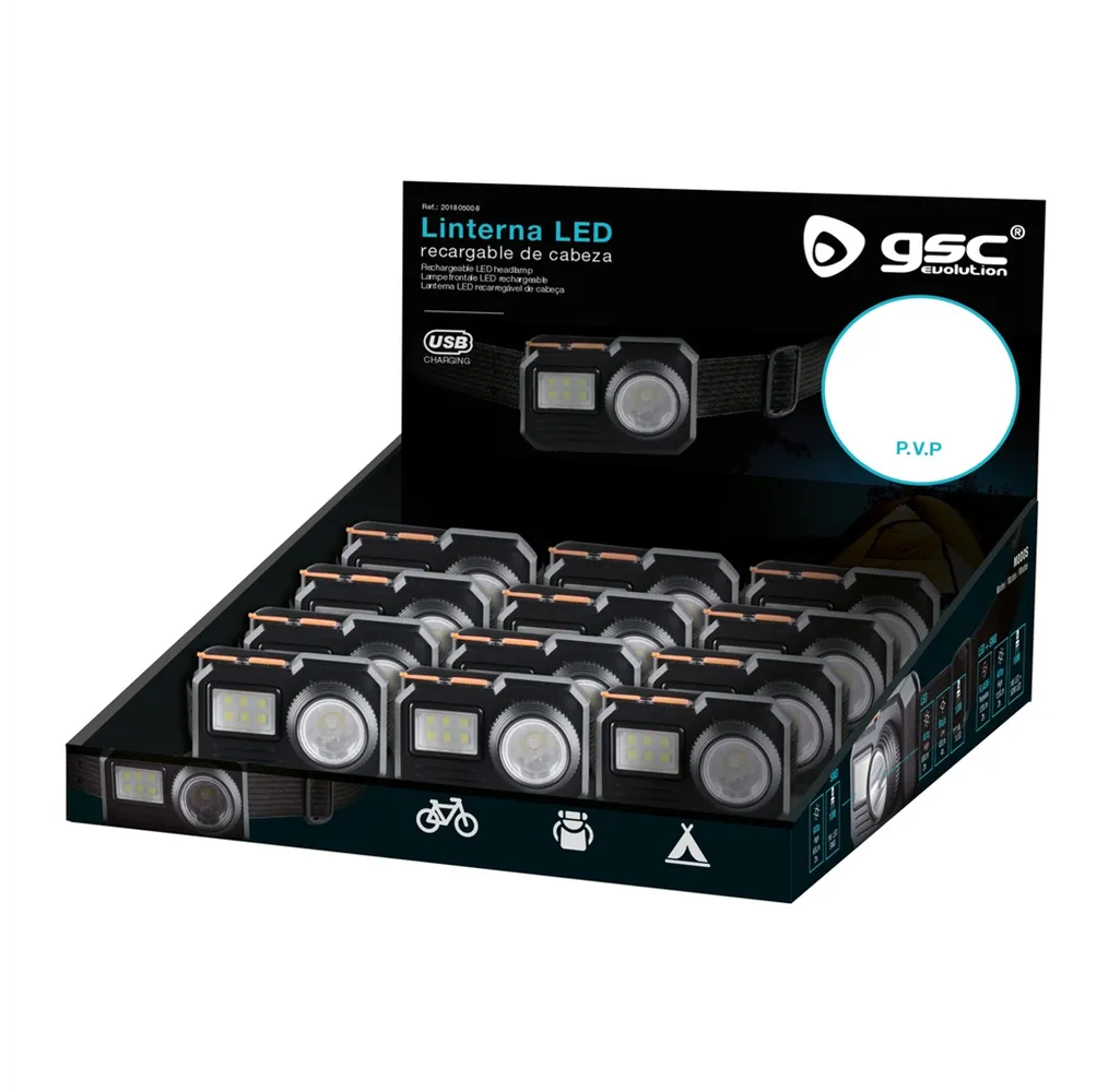 Linterna cabeza LED 1W recargable - 12u caja exp