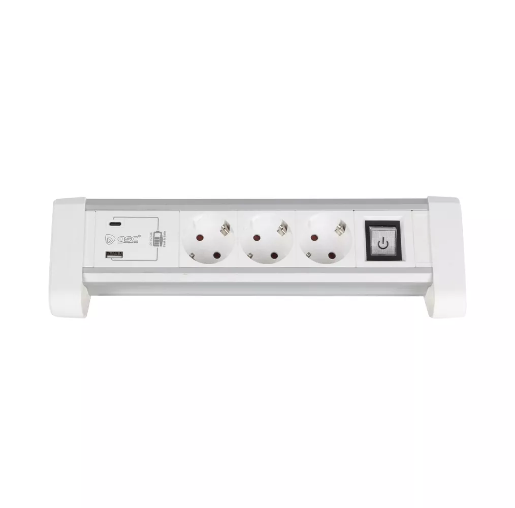 Base múltiple de sobremesa con 3 tomas Schuko y puertos USB-A y USB-C