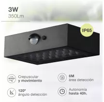 Aplique solar LED Piana 3W 6500K con sensor de movimiento y crepuscular