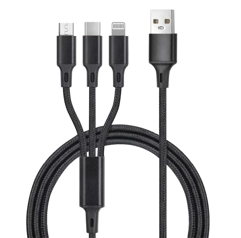 Cable cargador 3 en 1 (USB Tipo C, conector Lightning y micro USB) nylon trenzado 1,2M 