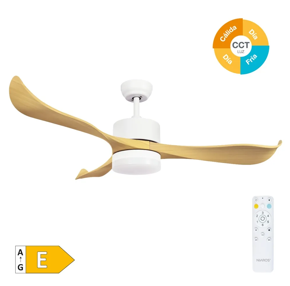Ventilador techo Kota con luz CCT regulable y mando Ø132 3 aspas DC Blanco