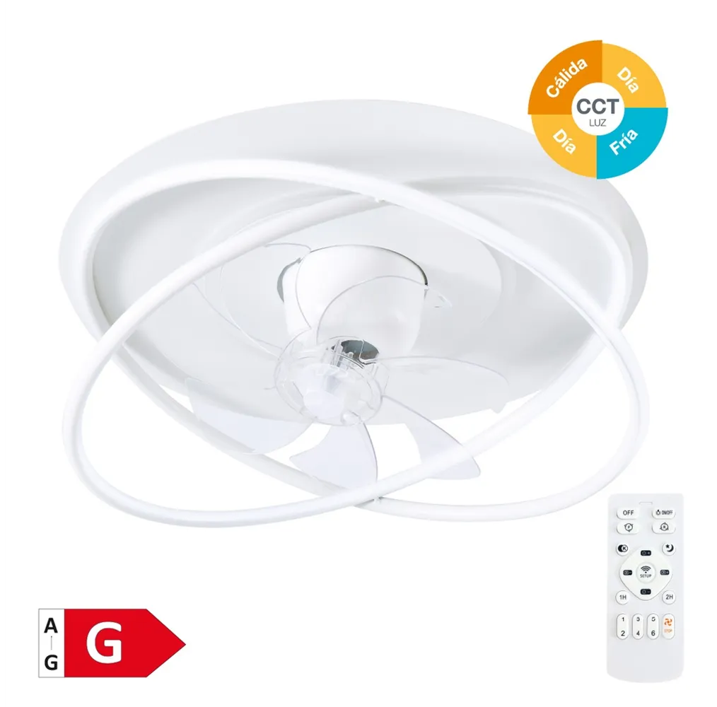 Ventilador techo rotativo Olmeto con luz CCT regulable y mando Ø50 7 aspas DC Blanco