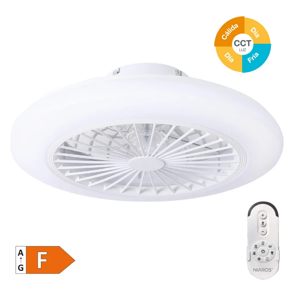 Ventilador techo Box Fan Talsano con luz CCT regulable y mando Ø50 8 aspas DC Blanco