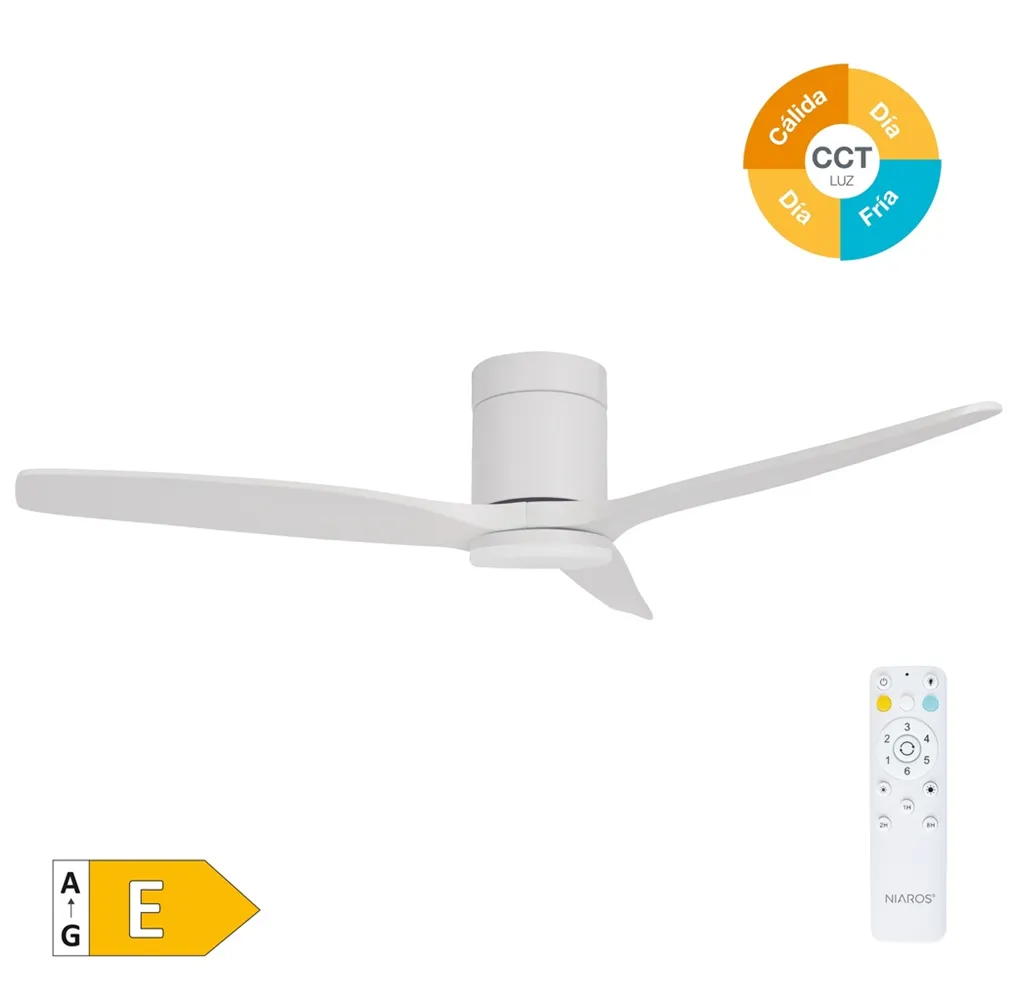 Ventilador techo inteligente Kasama con luz CCT regulable y mando Ø132 3 aspas DC Blanco