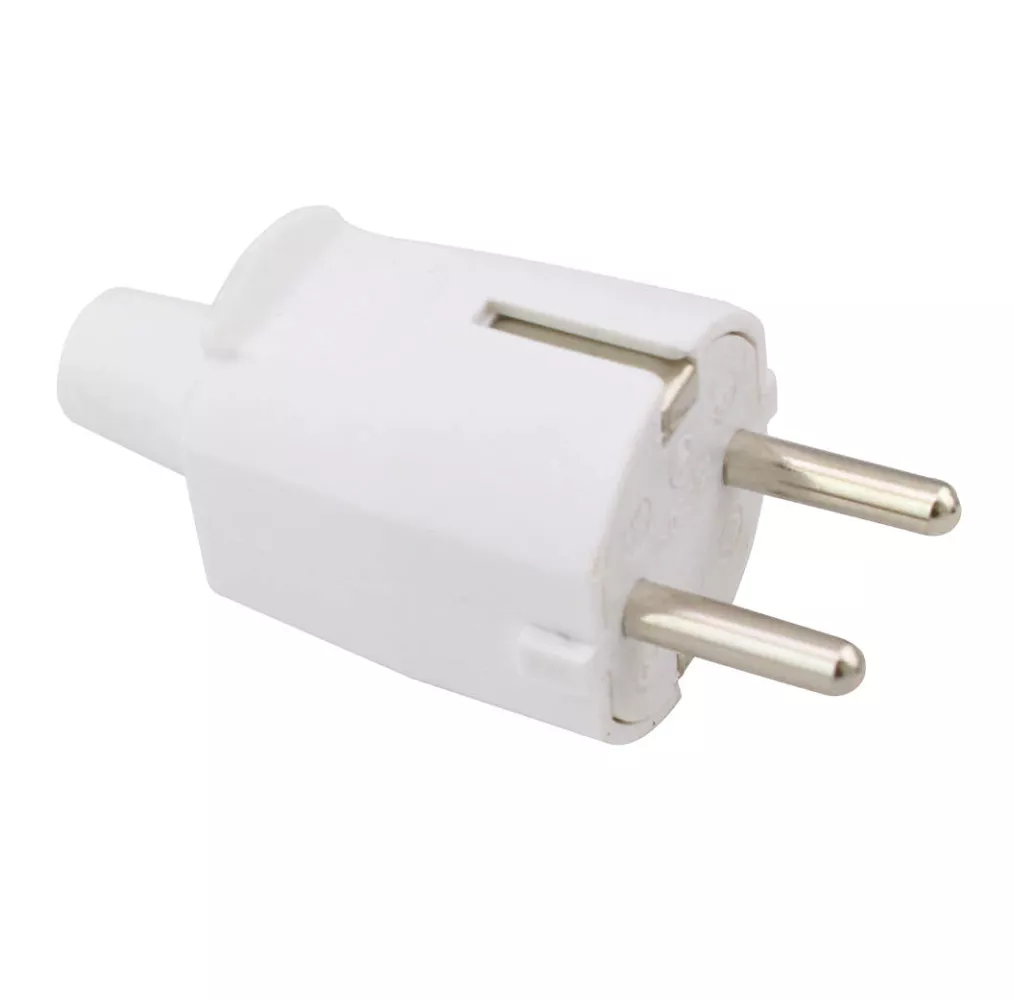 Clavija bipolar de goma blanca con TT lateral  y entrada de cable recta Ø 4.8 mm