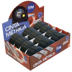 Caja expositora de 12 unidades de cinta metrica recubierta de goma, botón de parada de 5 metros. 19mm.
