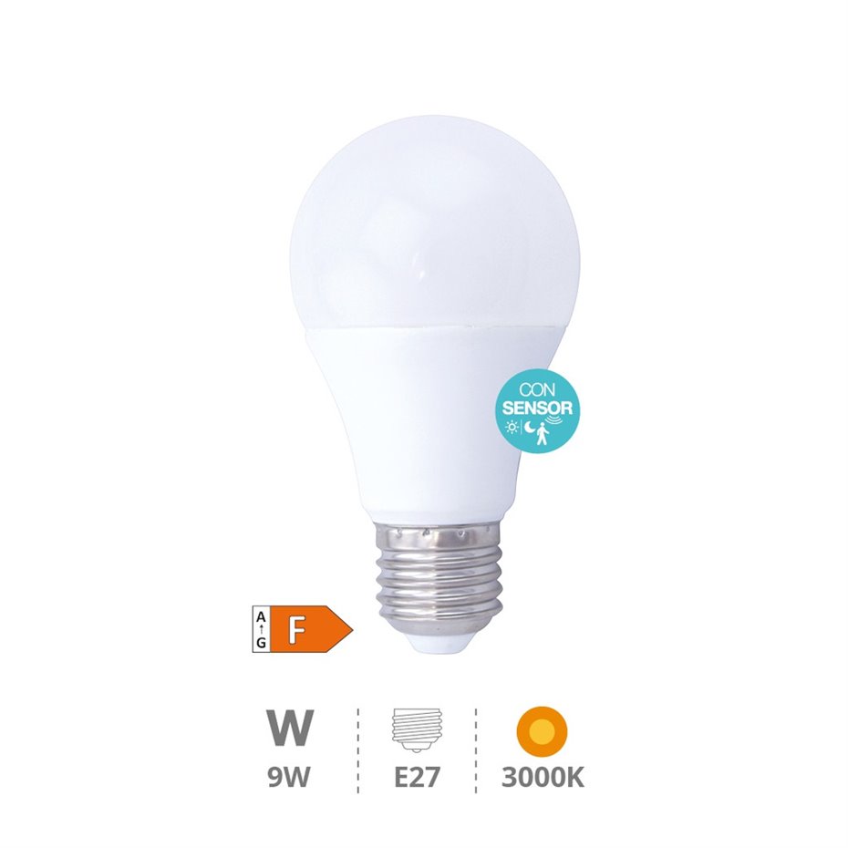 Lámpara LED estándar con sensor presencia + crepuscular 9W E27 3000K