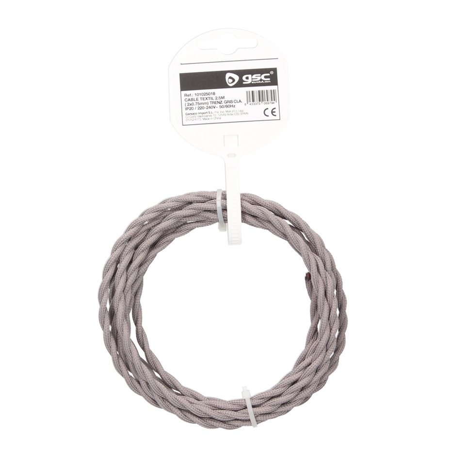 Cable textil 10M (2x0.75mm) trenzado Gris claro (copia)