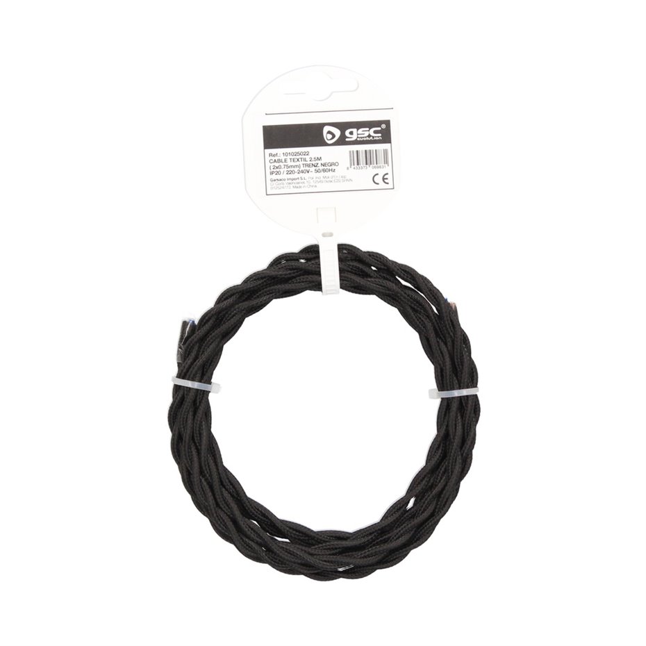 Cable textil 10M (2x0.75mm) trenzado Negro (copia)