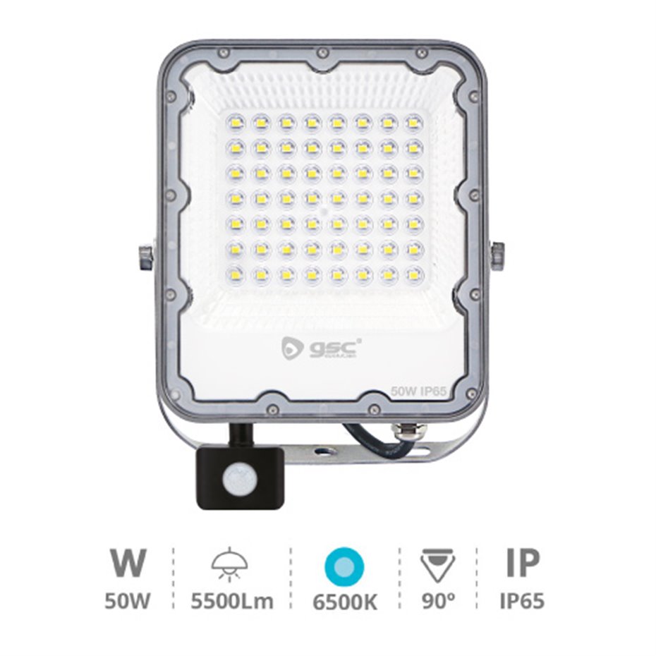 Proyector aluminio LED con sensor 50W 6500K IP65 Gris