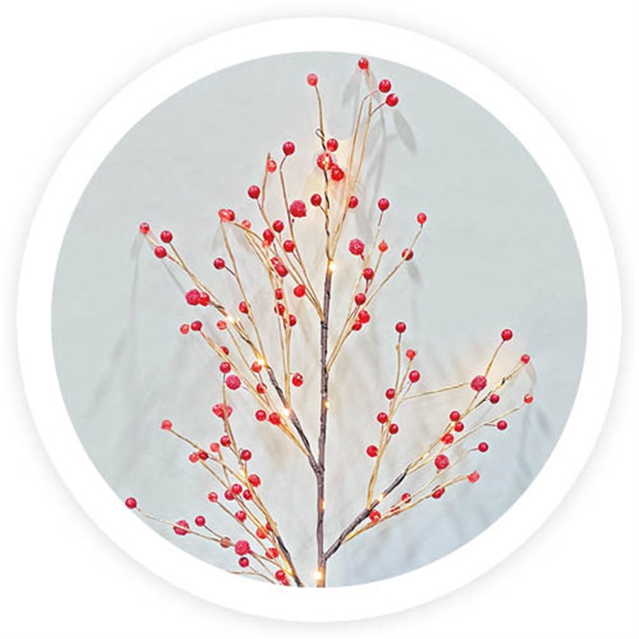 Rama decorativa LED de bayas rojas 0,8M Luz cálida